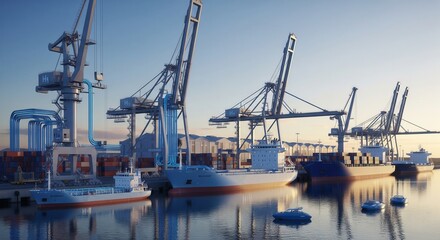 Obraz premium Modern Port with Cranes, Ships, and Futuristic Hydrogen Fuel Technology.