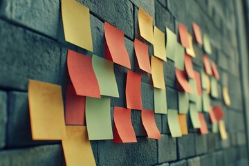 Pastel colored sticky notes arranged in a sequence on a dark brick wall, ideal for planning and brainstorming