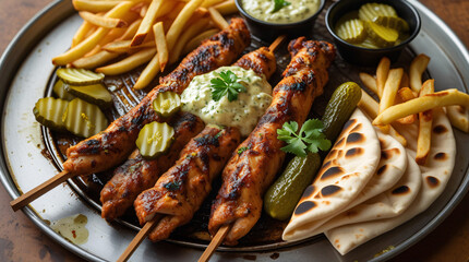 A sizzling chicken shawarma platter served with garlic sauce (toum), pickles, fries, and flatbread on a metal tray 