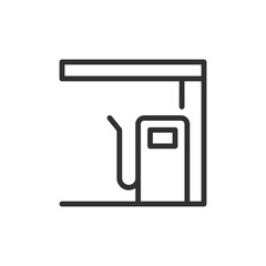 Fuel pump under canopy, linear icon. Gas station structure and refueling point. Line with editable stroke.
