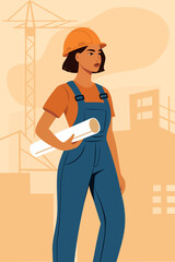 Vector illustration of woman in civil engineer profession wearing hard hat, holding blueprints. Labor day. Women's power and participation in technical professions. Gender equality, empowerment
