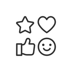Social reaction icons, linear set. Likes, favorites, emojis, or feedback. Line with editable stroke.