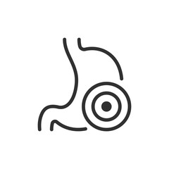 Stomach with target mark, linear icon. Localized pain or specific gastric issue. Line with editable stroke.