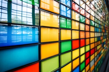 Vibrant Abstract Geometric Pattern of Colorful Translucent Glass Panels, Offering a Sense of Depth and Modern Design