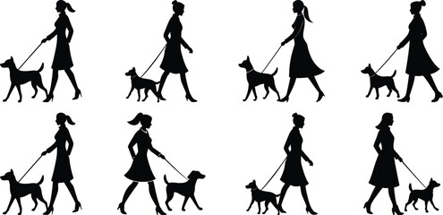 Person walking with dog silhouette set. Collection of vector illustrations on transparent background
