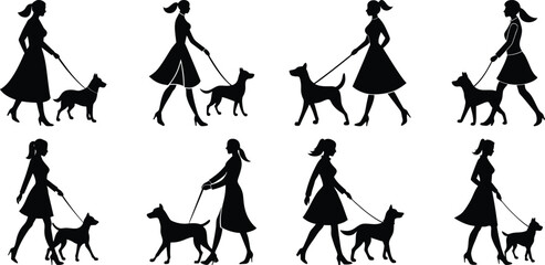 Person walking with dog silhouette set. Collection of vector illustrations on transparent background
