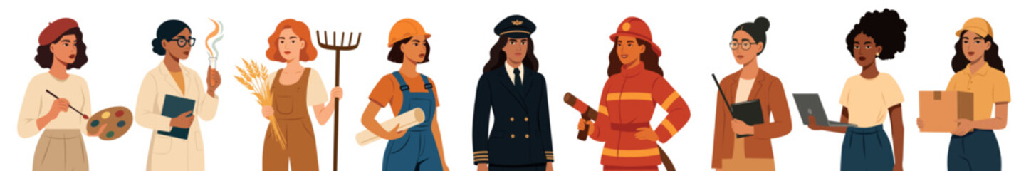 Vector illustration of woman of different professions, labor day. Professions of strong women, artist, doctor, laboratory assistant, farmer, builder, firefighter, pilot, teacher, programmer, courier