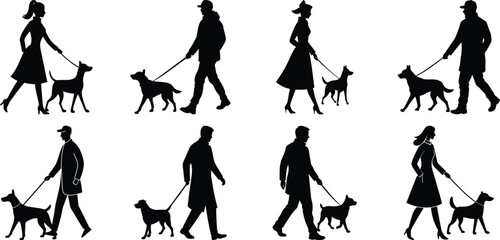 Person walking with dog silhouette set. Collection of vector illustrations on transparent background