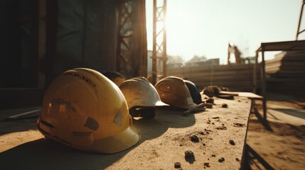 Construction site mood with sunlight casting golden hue over helmets and raw materials.