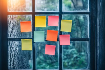 Sticky notes on a window pane, a visual metaphor for planning, ideas, and task management