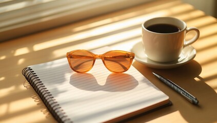 Sunlight, coffee, notebook, and sunglasses