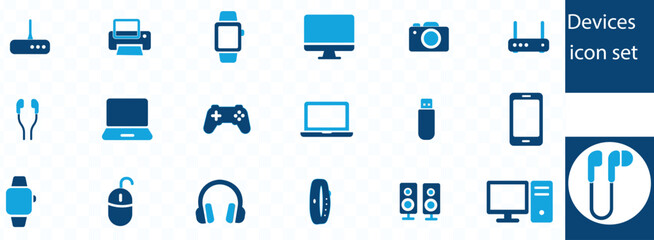 Devices icon set. smartphone, tablet, computer, TV, camera, speaker, smartwatch, microphone, headphones and more