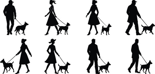 Person walking with dog silhouette set. Collection of vector illustrations on transparent background