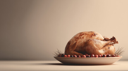 perfectly roasted Thanksgiving turkey on a serving dish with herbs and cranberries, Pastel cream background
