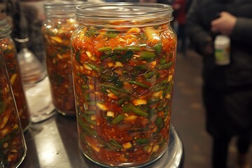 Close-up of a jar of spicy fermented vegetables, likely kimchi, with vibrant red chili paste and green vegetables visible