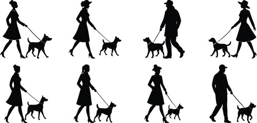 Person walking with dog silhouette set. Collection of vector illustrations on transparent background