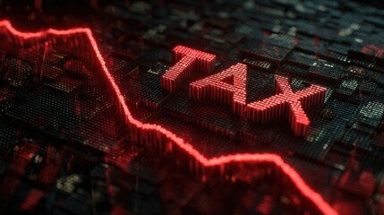 Global economy strain depicted through digital visuals of taxes, declining markets, and inflation spikes.
