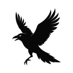 Silhouette of a raven in flight with open wings isolated on white background