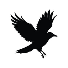 Black silhouette illustration of a raven in flight against a clean white background.