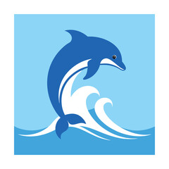 A blue dolphin leaping out of ocean waves in a simple vector graphic