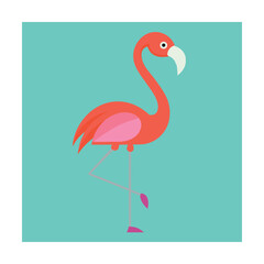 A flat design illustration of a pink flamingo standing on one leg in a turquoise background