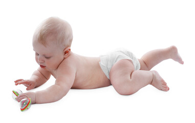 Cute little baby with rattle on white background