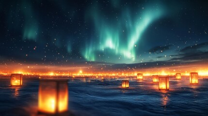dramatic northern lights shimmering above a frozen tundra with glowing lanterns in the foreground, Generative AI