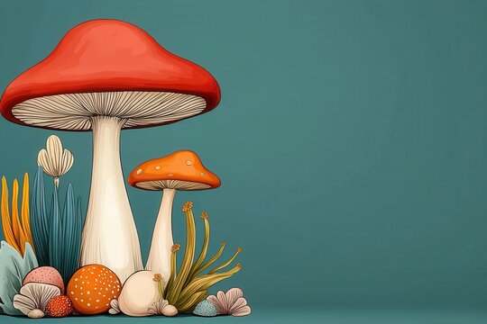 Stylized Red and Orange Mushrooms with Teal Background