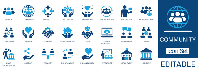 Community Icon Set. A clean vector collection featuring community, people, support, friendship, inclusion, and diversity. Ideal for social, NGO, and civic projects.