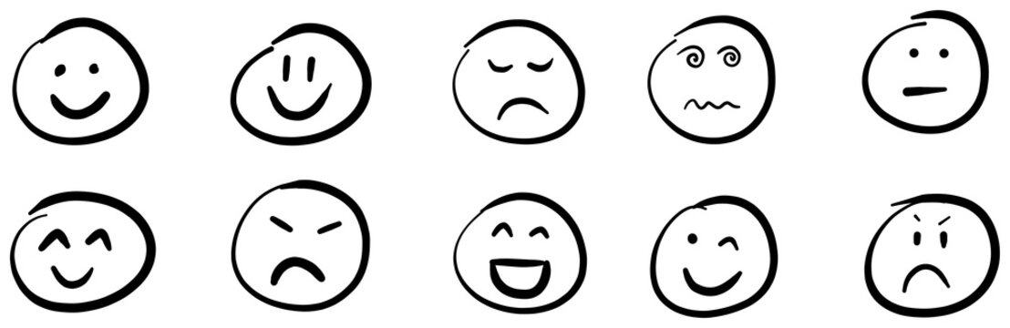 illustration: set of different smiley face showing various emotions isolated on white or transparent png