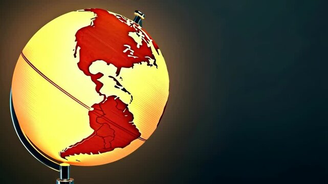 Illuminated globe shows continents in red against a dark background, globe lamp, education tool or decorative item highlighting geographical features