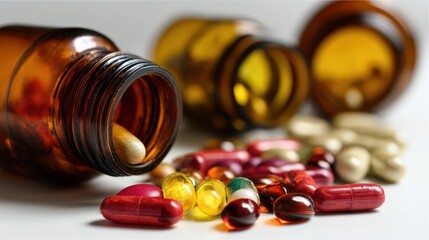 Medicine and healthcare concept photo with open pill bottles spilling assorted capsules onto a white surface.