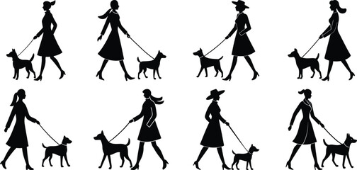 Person walking with dog silhouette set. Collection of vector illustrations on transparent background