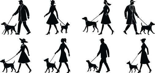 Person walking with dog silhouette set. Collection of vector illustrations on transparent background