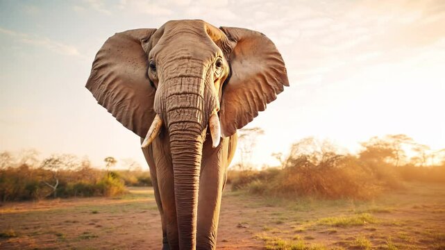 Close-up, low-angle shot of an elephant in natural habitat at sunset, capturing its majestic presence. Ideal for wildlife video content.