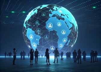 Futuristic digital globe with connected user icons and silhouettes of people around it. Global network technology visualizing worldwide online communication. Concept of virtual social interaction.