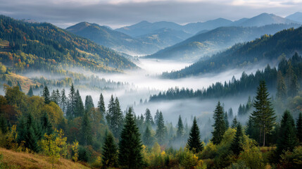 Fototapeta premium Autumn morning in the mountains shrouded in white fog over the scenic landscape of dense woodlands