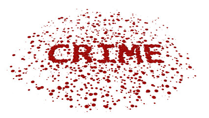 Obraz premium Illustration of the word CRIME formed from scattered blood droplets, viewed at a slight angle — evoking crime scenes, forensic analysis, and violent themes.