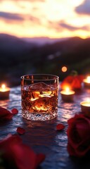 Whiskey glass, sunset, candles, roses