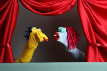 Creative puppet show on stage with red curtains