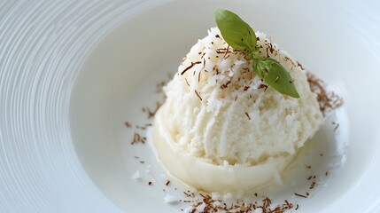 Coconut Ice Cream with Shredded Coconut and Basil Garnish