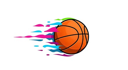A vector graphic of a colorful basket ball bouncing with dynamic motion lines, centered on a white background
