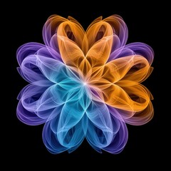 Obraz premium Symmetrical Floral Design in Purple Orange and Blue on a Black Background