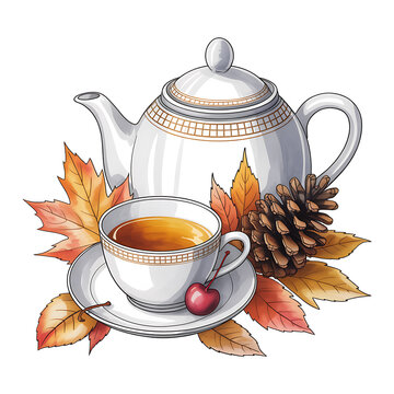 autumn tea set with leaves and cherry clip art preview