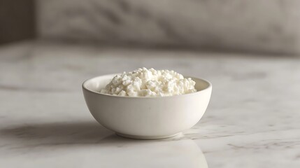 A bowl of cottage cheese on a marble countertop