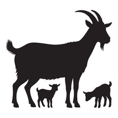 goat silhouettes vector set with baby goat and wildlife elements in cartoon and realistic styles