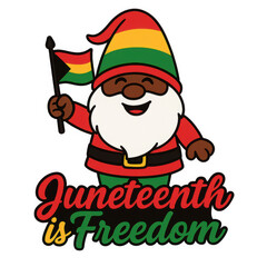 Cheerful gnome holding a flag, colorful festive attire, celebrating freedom and unity, perfect for Juneteenth festivities. Isolated on white background or PNG