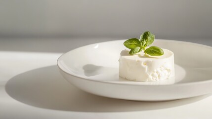 Fresh Cheese with Basil on a White Plate