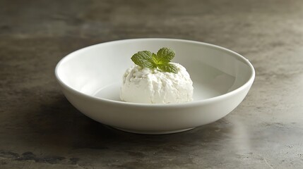A scoop of vanilla ice cream garnished with mint leaves in a white bowl