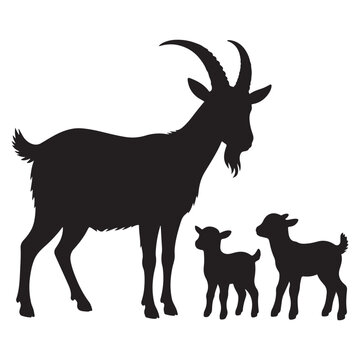 black coloor goat silhouettes vector set with baby goat and wildlife elements in cartoon and realistic styles
